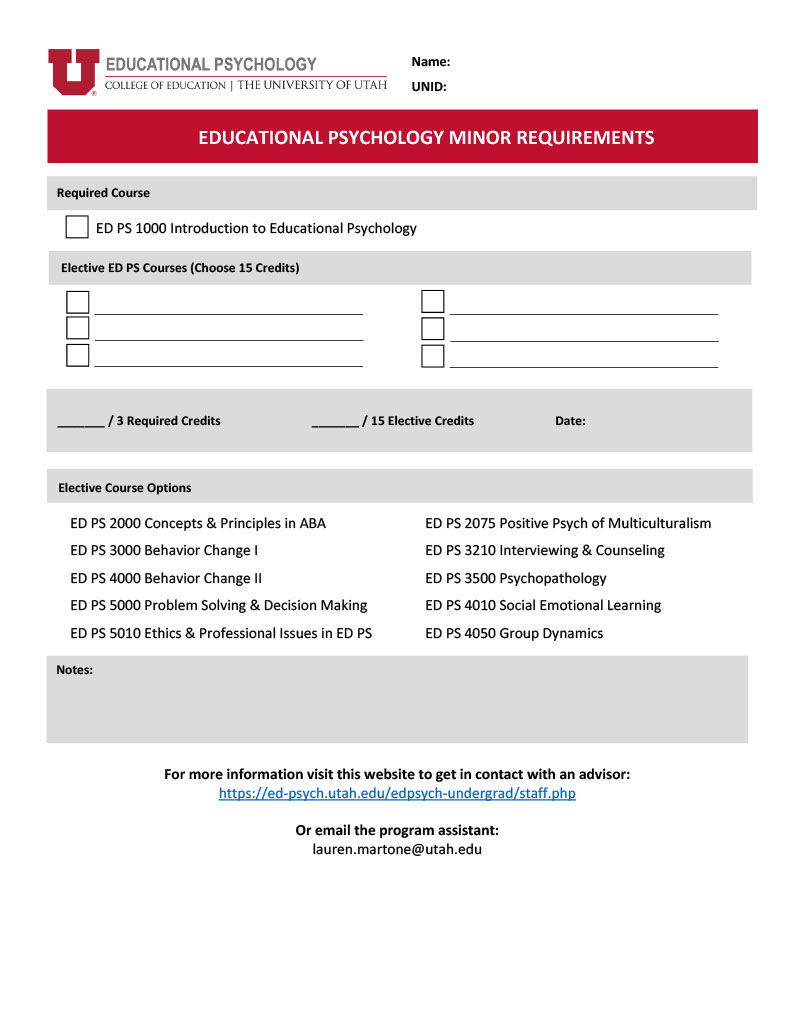 imaage of Minor Advising worksheet